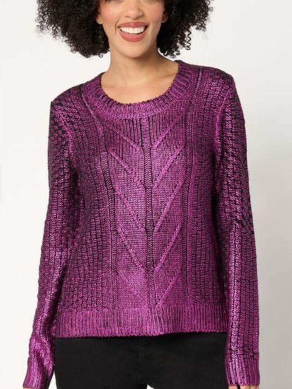 Women with Control Metallic Fushia Cable Knit Sweater.